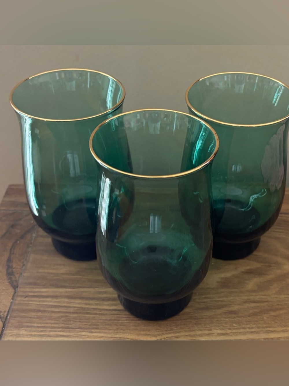 3 Vintage Libby Emerald Green Glass TumblersW/Gold Rim Set UNUSED